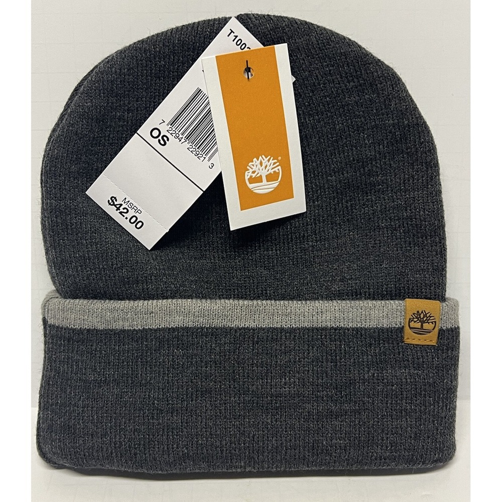 $42 Timberland Gray Cuffed Beanie, Soft Double-Layer Knit Hat Leather Tims Logo‎
